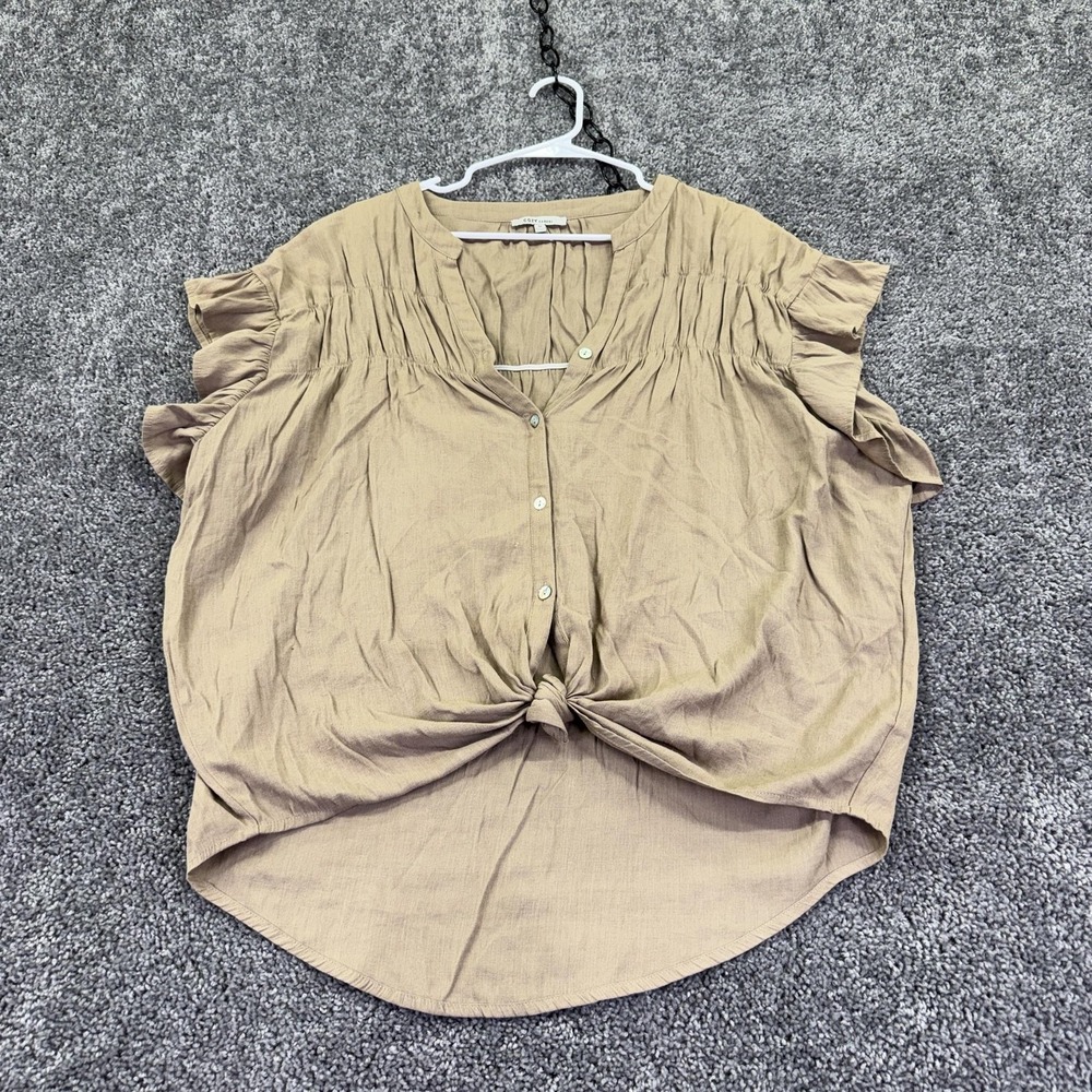 Cozy Casual Blouse Womens Medium Beige Short Sleeve Henley Flutter Tie Front